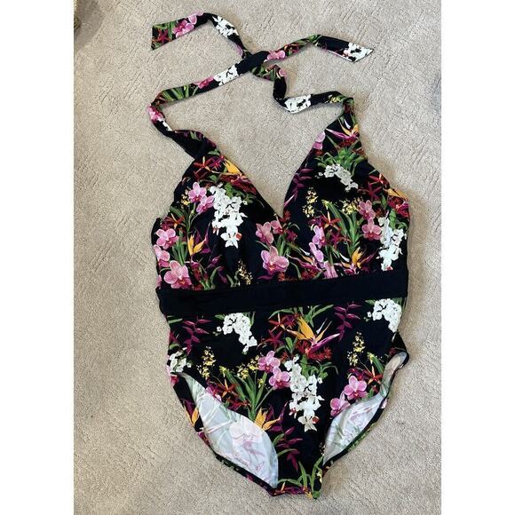 G.I.L.I. Plus Size 24W Black Floral Print One Piece Swimsuit Halter Padded NEW - Picture 1 of 11